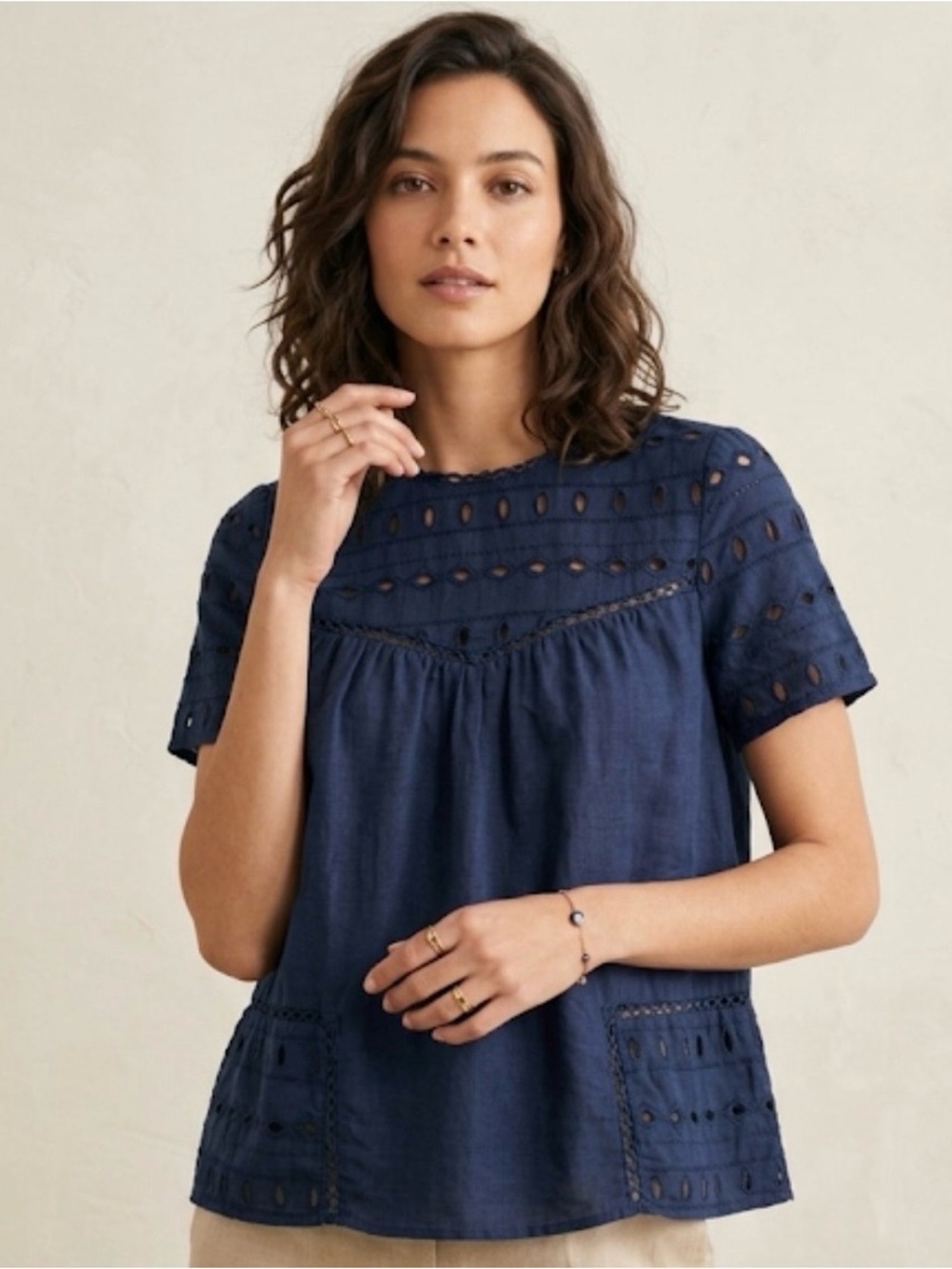 Zara Navy Blue embroidered Eyelet Blouse